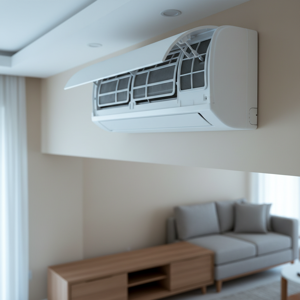 A close-up, photographic view of a pristine white split air conditioner indoor unit mounted high on a pale beige living room wall, its front panel partially open revealing immaculate fins and filters. Below, a minimalist TV console and a tidy section of a sofa are softly blurred, suggesting a comfortable Istanbul home interior. Cool, diffused daylight from a nearby window casts soft highlights on the unit’s glossy surface and creates subtle shadows on the wall. The composition follows the rule of thirds with a shallow depth of field, conveying efficiency, comfort, and professional climate control in a clean, modern, realistic style.