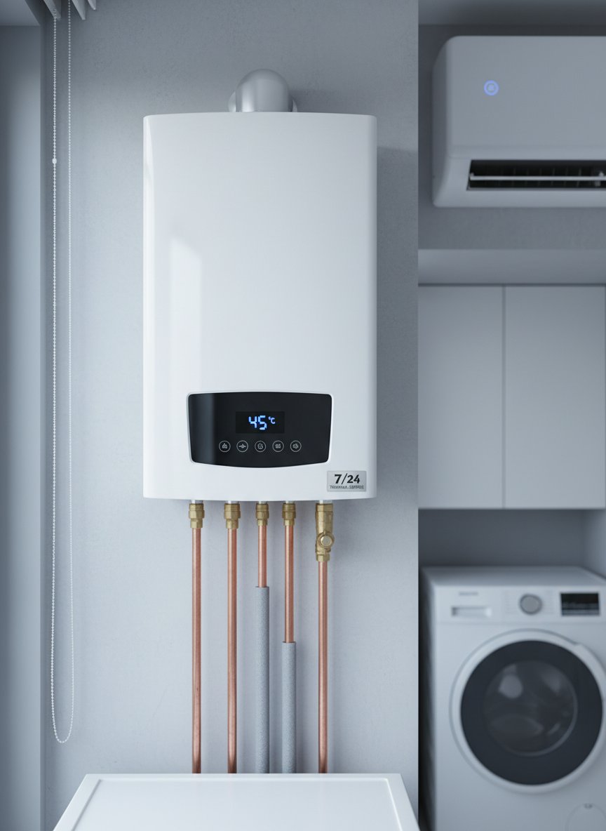 A modern wall-mounted white condensing boiler with a sleek digital control panel, crisp LED temperature display, and neatly organized copper pipes emerging from below, installed on a clean light-gray wall in a contemporary Istanbul apartment utility area. Next to it, a compact white split air conditioner indoor unit is positioned high on an adjacent wall, its vents slightly open. Soft, cool daylight enters from an unseen window, creating gentle reflections on the smooth plastic and metal surfaces. The scene is captured at eye level with sharp focus and minimal background clutter, emphasizing professionalism, reliability, and 7/24 technical service in realistic, clean photographic style.