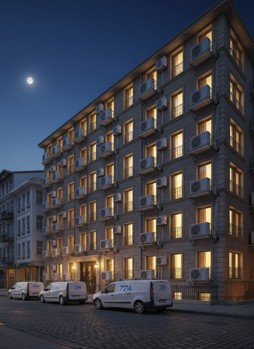 An exterior view of a multi-story apartment building in Istanbul at night, with numerous balconies and windows softly illuminated. Several realistic outdoor condenser units for air conditioners are visible on the facades, neatly installed with tidy cabling and brackets. The sky is deep blue, and warm interior lights contrast with the cool metallic tones of the units. A few lit service vans are parked along the quiet street, branding blurred and generic, suggesting 7/24 service availability. Captured from a slightly elevated angle with wide-angle composition and sharp focus, the image conveys reliability, continuous operation, and urban professionalism in photographic realism.